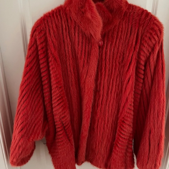 Red Mink Jacket stand up collar butterfly sleeves LARGE - Picture 1 of 8